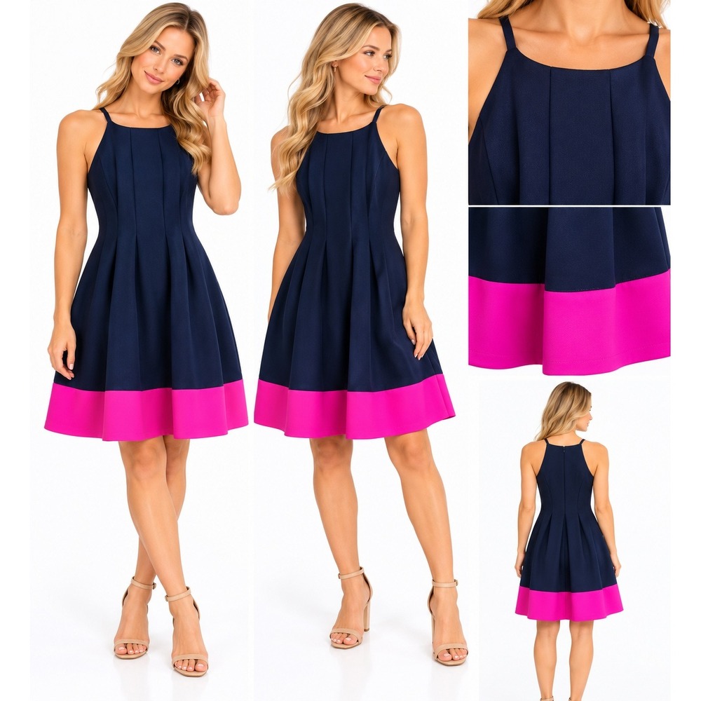 Vince Camuto 8 Dress Navy Pink Pleated Scuba Halter Colorblock Fit Flare Wedding